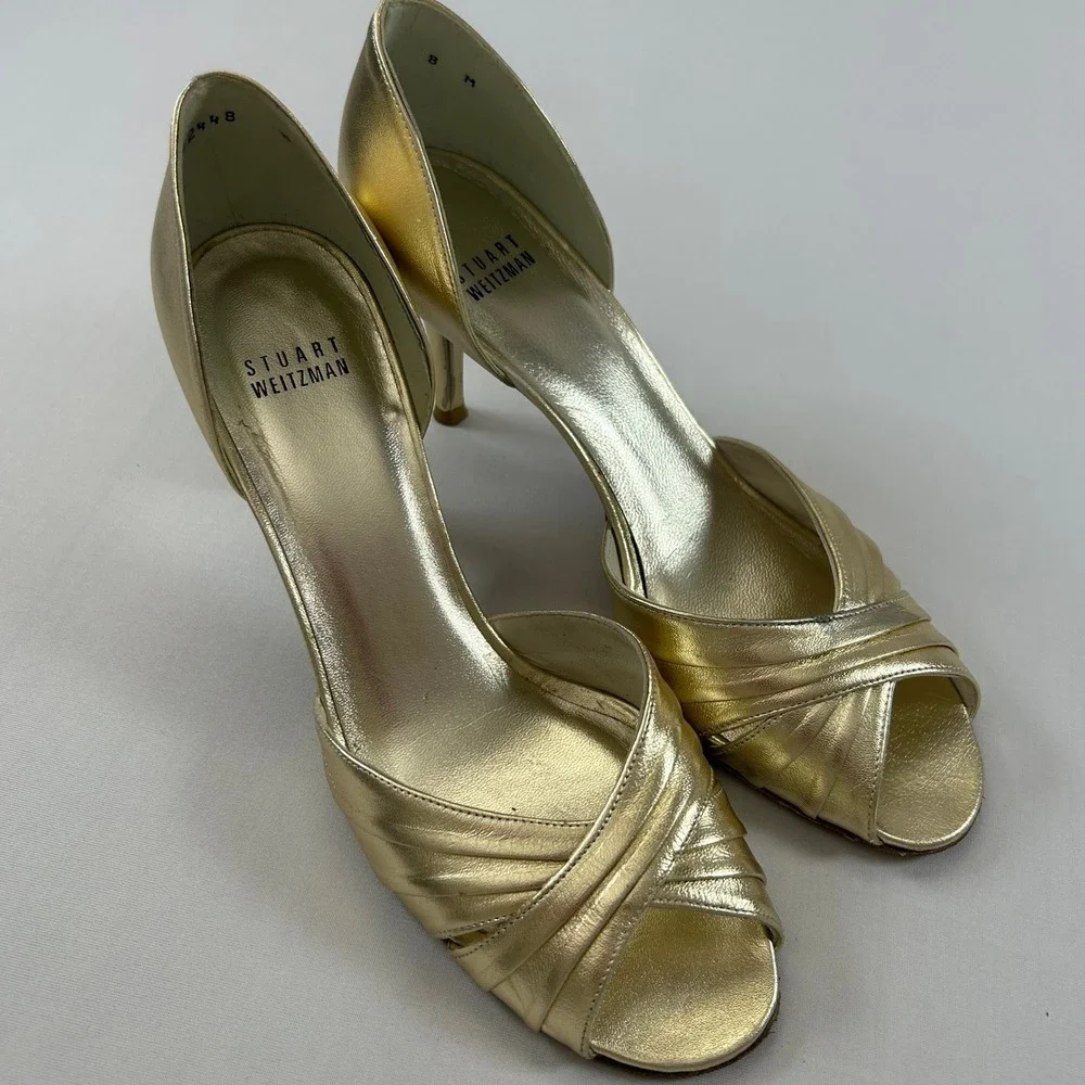 Stuart Weitzman Heels Crissy D'Orsay Womens 8 Gold‎ Leather Peep Toe Pumps